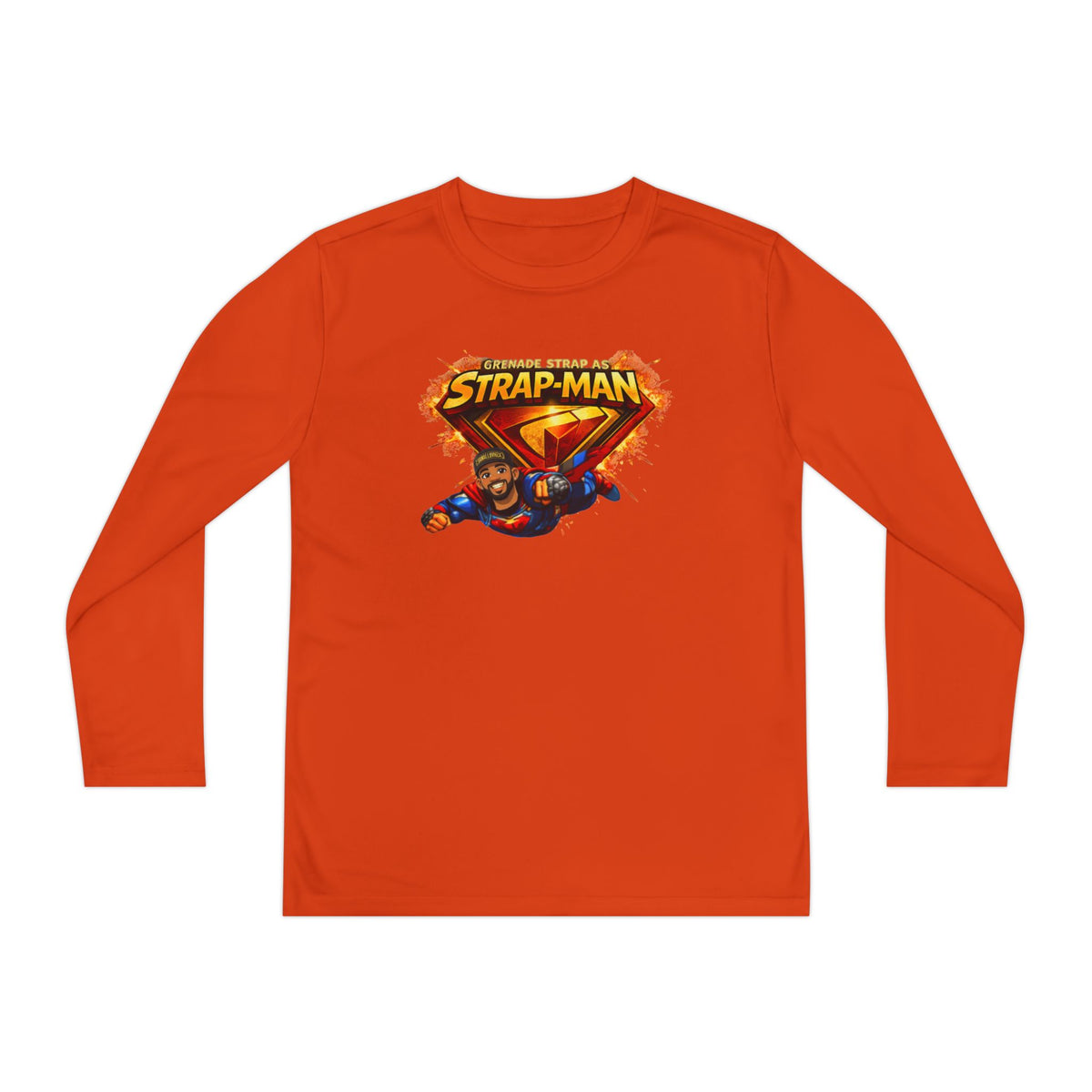 Strap-Man Youth Long Sleeve Tee — Superhero Shield Graphic