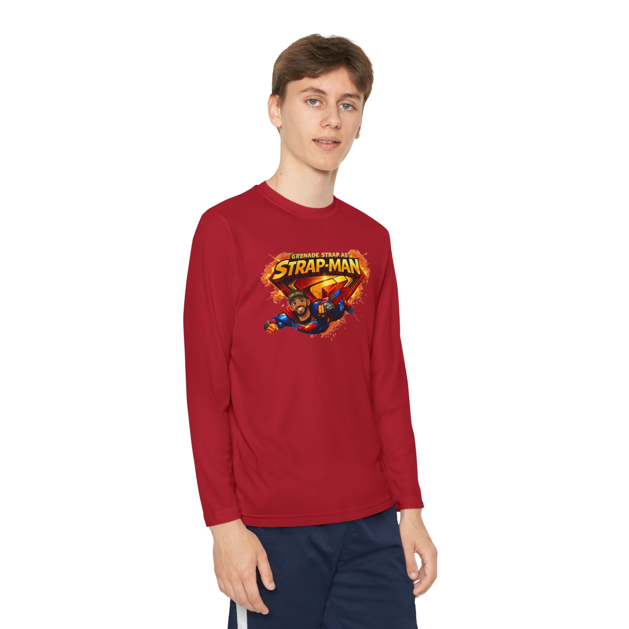 Strap-Man Youth Long Sleeve Tee — Superhero Shield Graphic