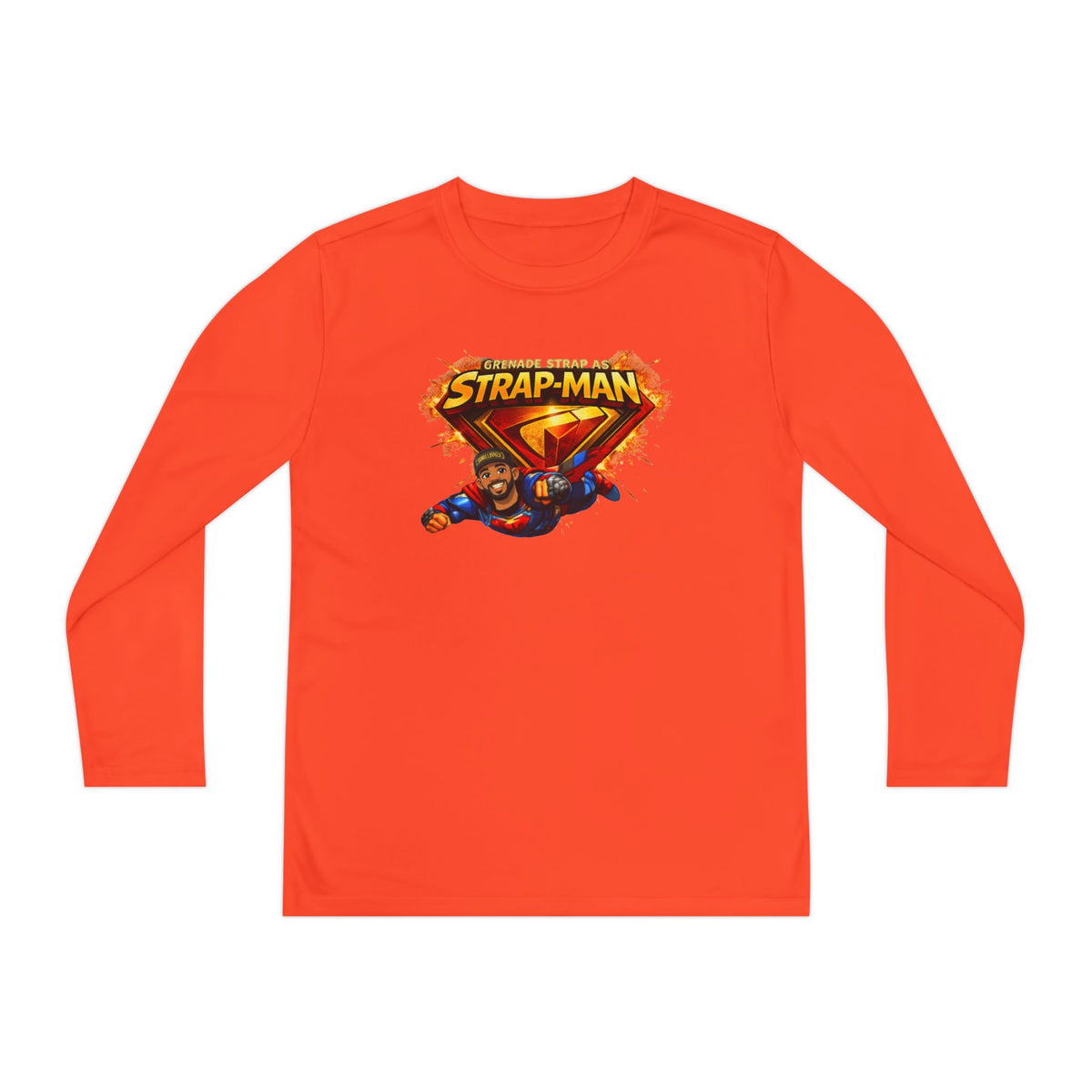 Strap-Man Youth Long Sleeve Tee — Superhero Shield Graphic