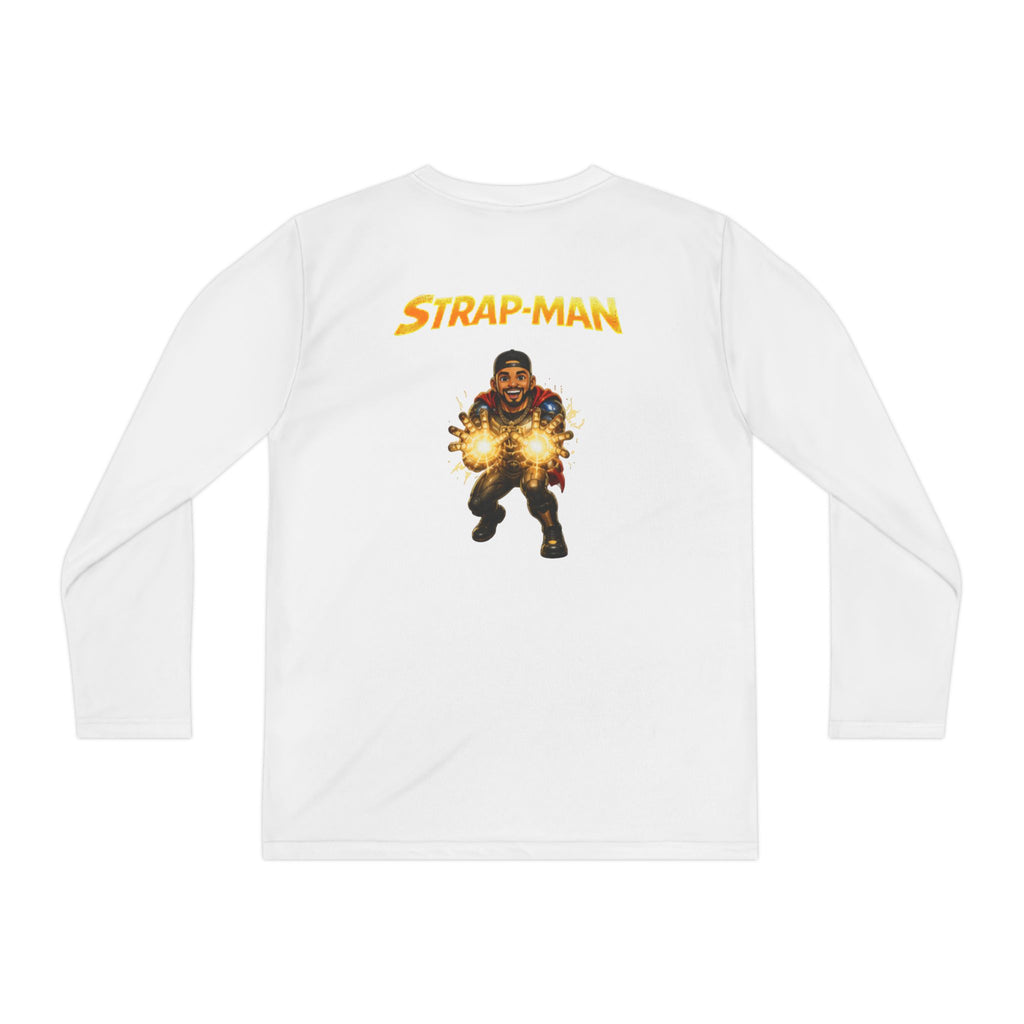 Strap-Man Youth Long Sleeve Tee — Superhero Shield Graphic
