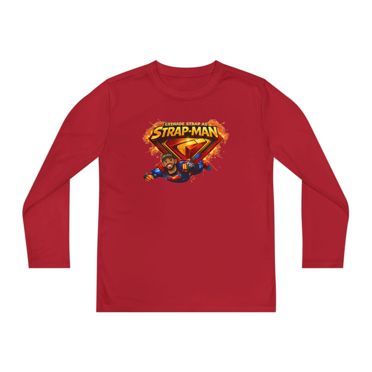 Strap-Man Youth Long Sleeve Tee — Superhero Shield Graphic