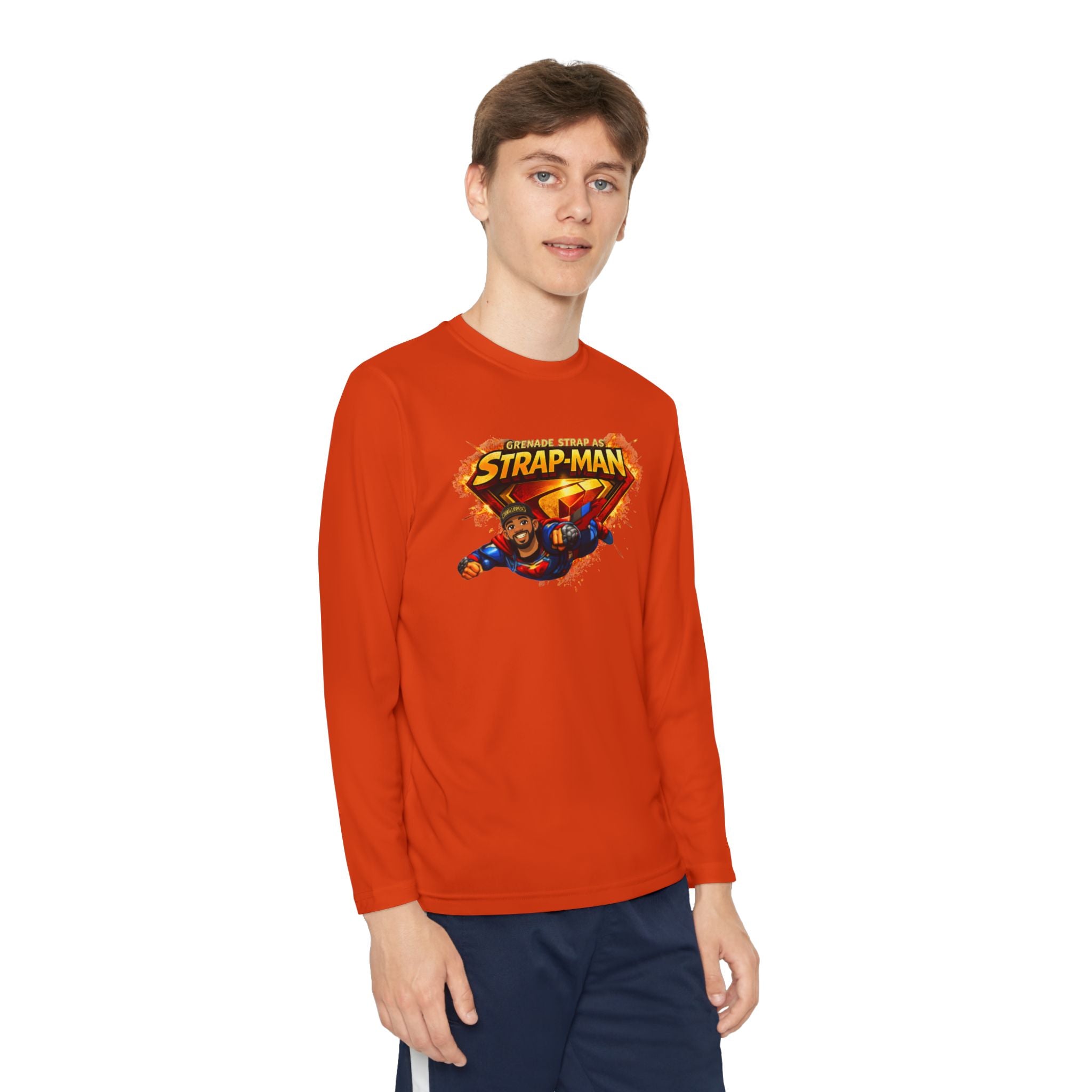 Strap-Man Youth Long Sleeve Tee — Superhero Shield Graphic