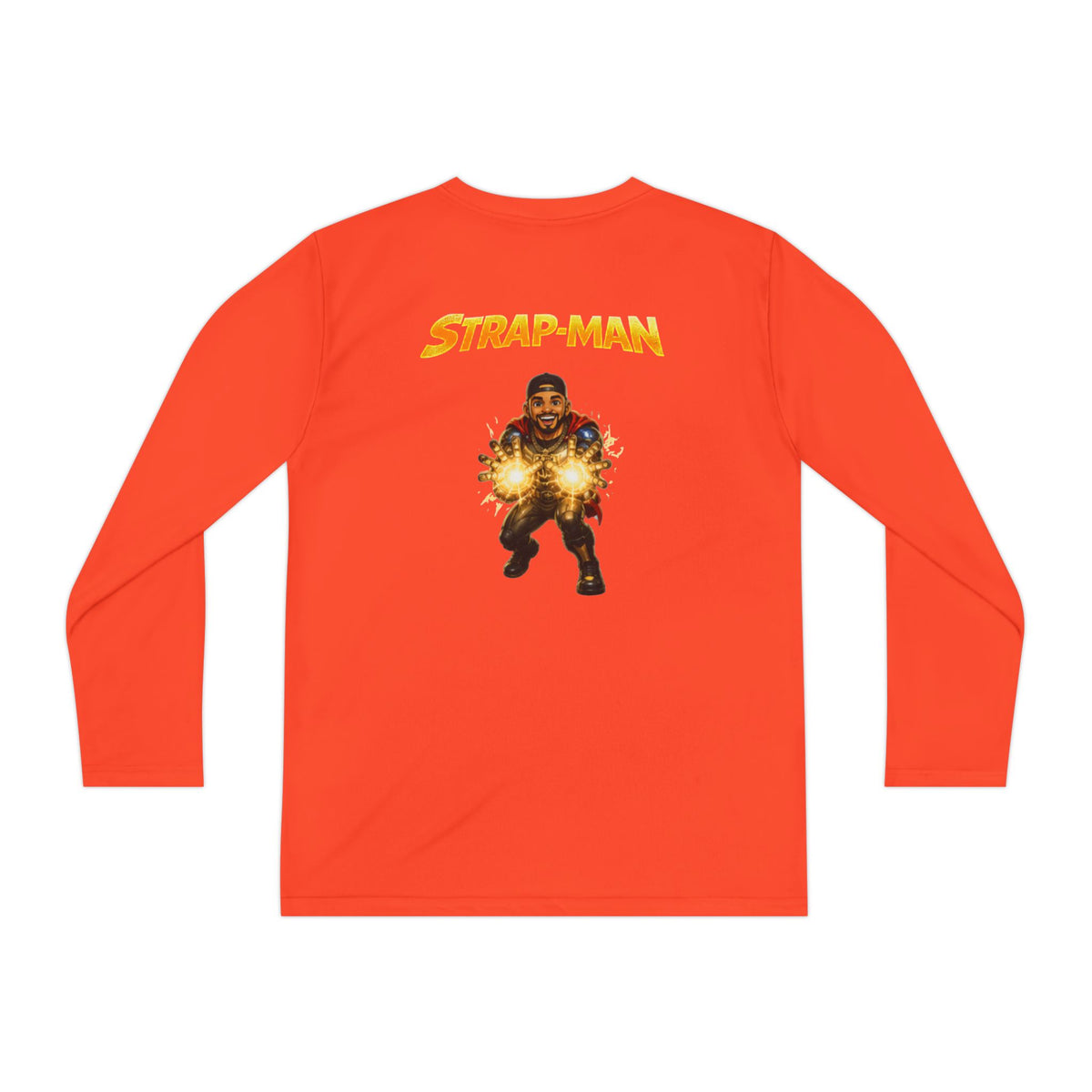 Strap-Man Youth Long Sleeve Tee — Superhero Shield Graphic