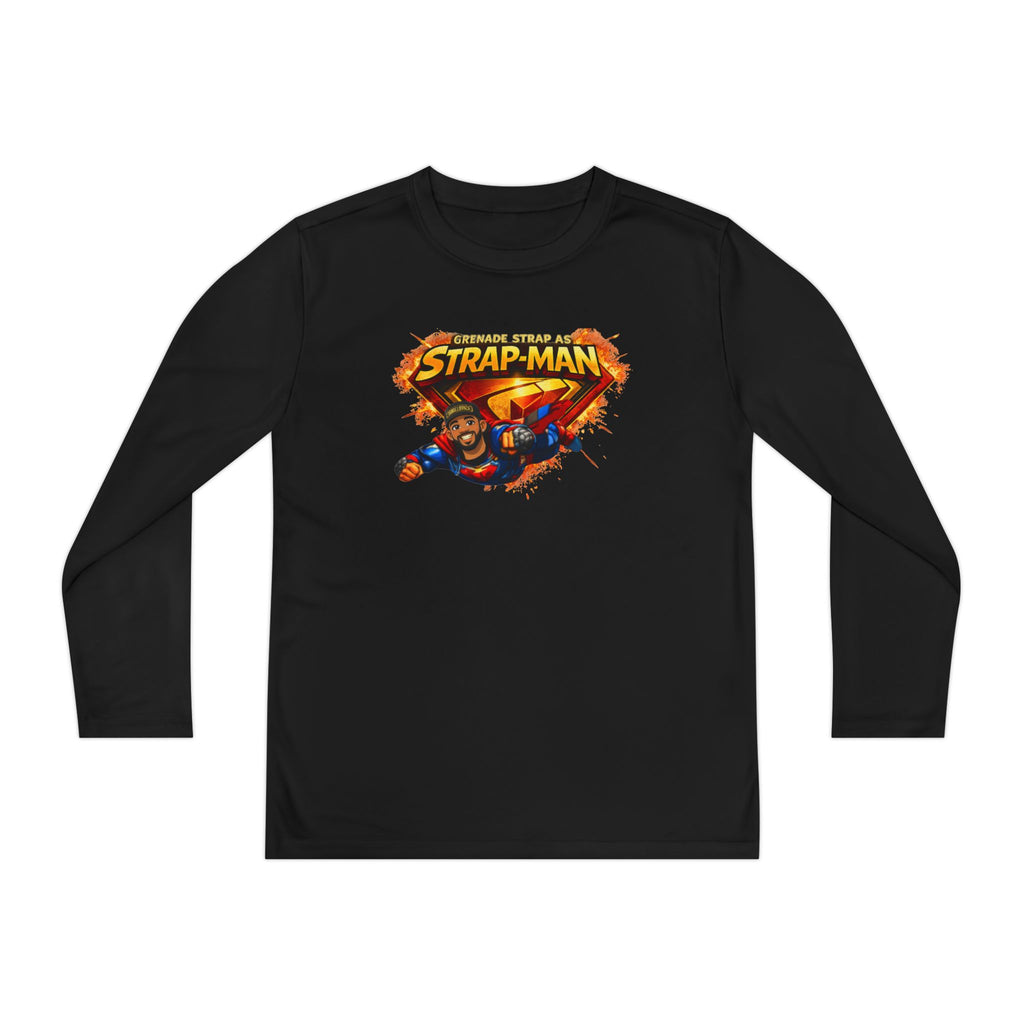 Strap-Man Youth Long Sleeve Tee — Superhero Shield Graphic